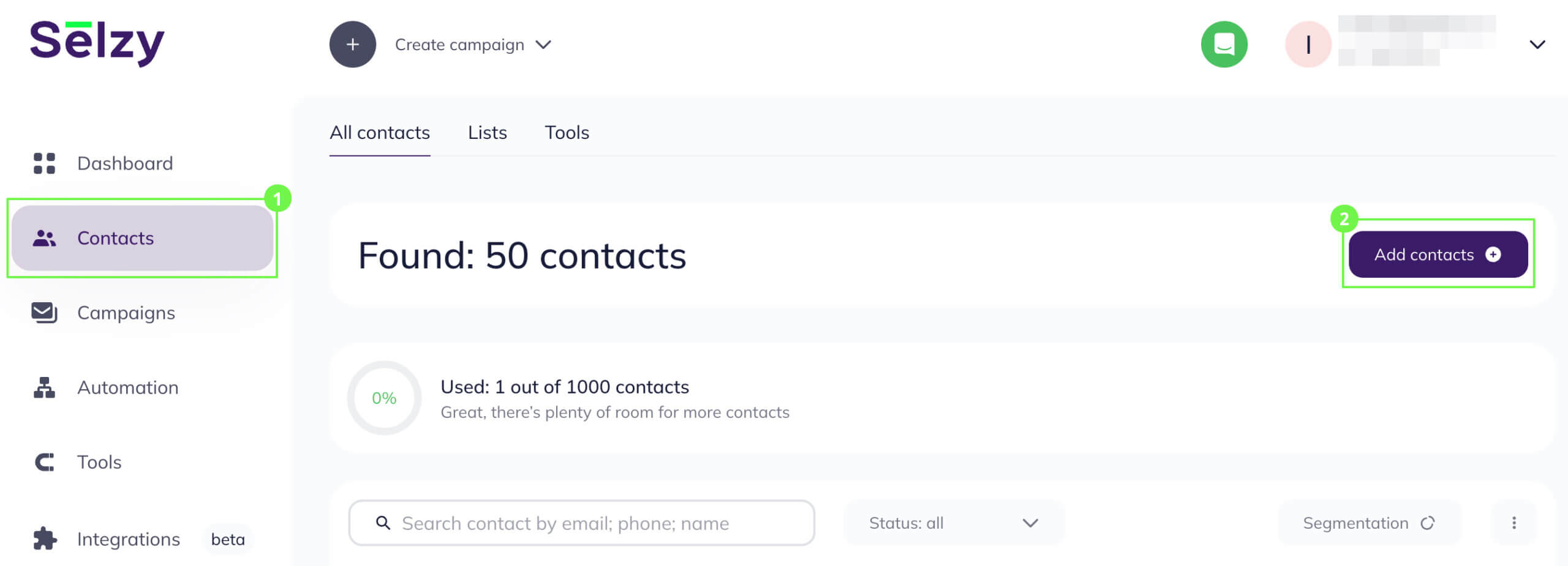 The Add contacts button in the All contacts tab of the Contacts section.