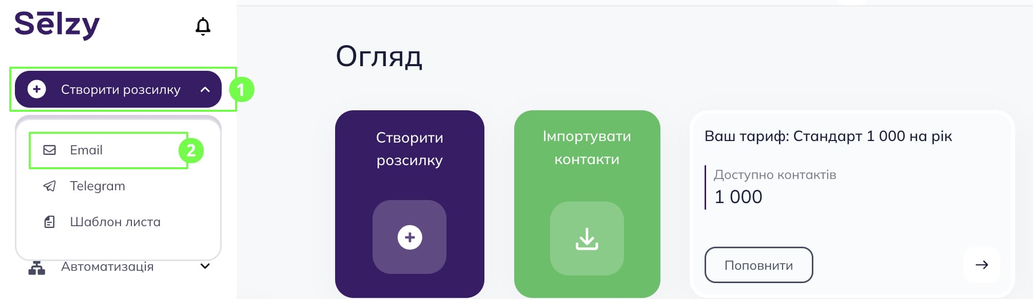 Кнопки створення розсилки на головній сторінці особистого кабінету.