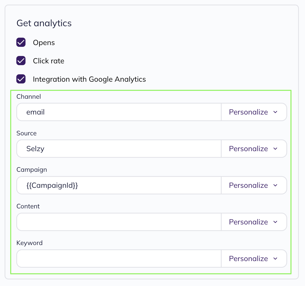 Additional settings of campaign statistics collection for Google Analytics tracking.