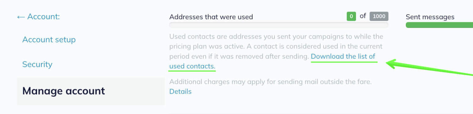 The option to download the list of used contacts for the Standard plan.