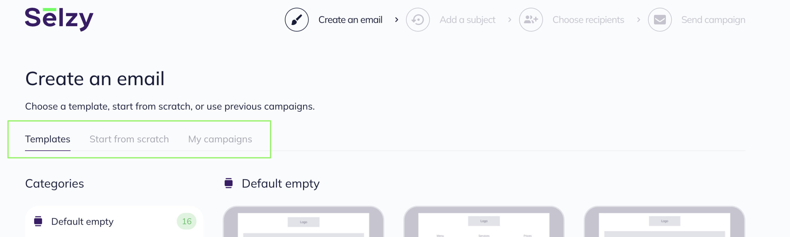 Choose a template, start from scratch, or use previous campaigns options on the Create an email page