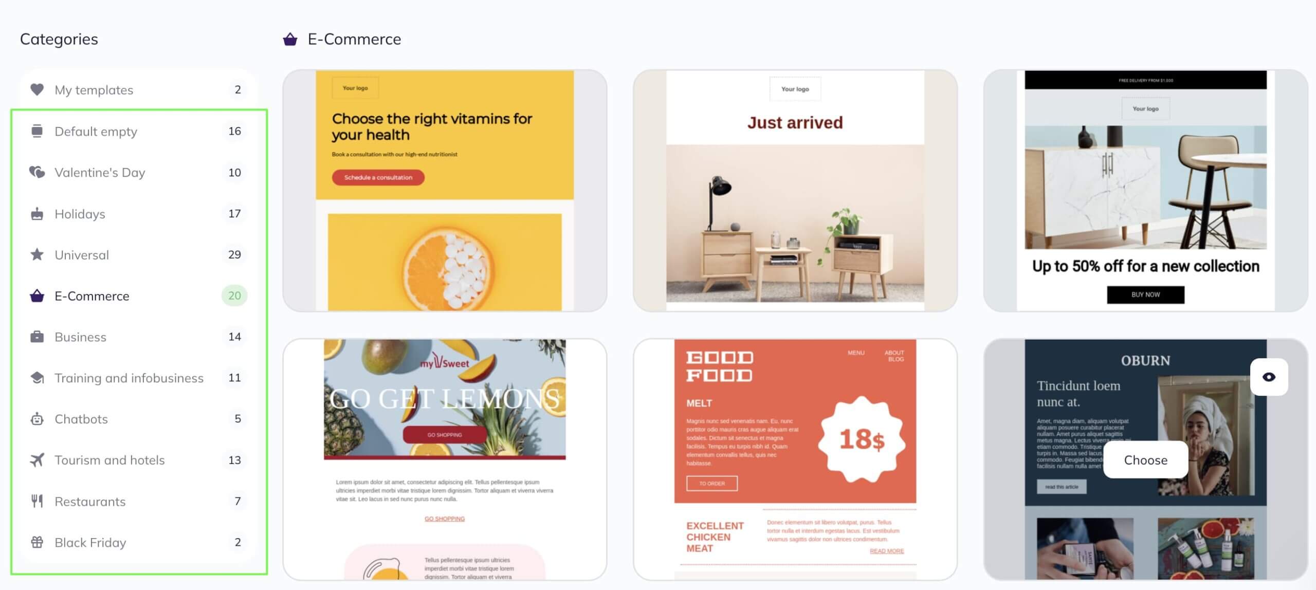 Selzy campaign template categories: Default empty, Valentine’s Day, Holidays, etc.
