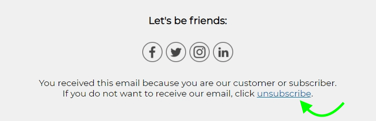 Unsubscribe blue link underlined in the email footer for better visibility.