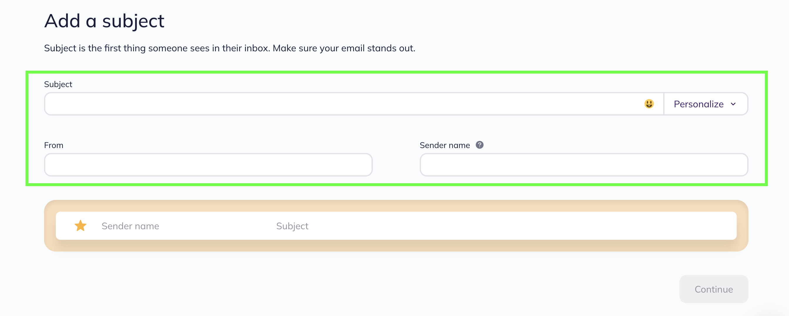 Add a subject line, a sender email, and a sender name and check the results on the preview.