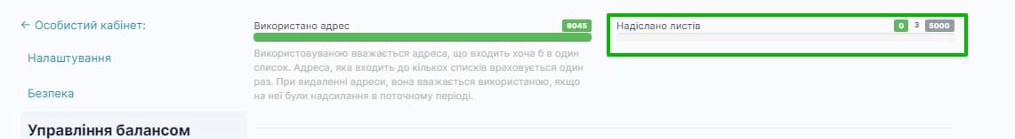 Ліміт листів на тарифі «Оптом 5 000 на місяць».