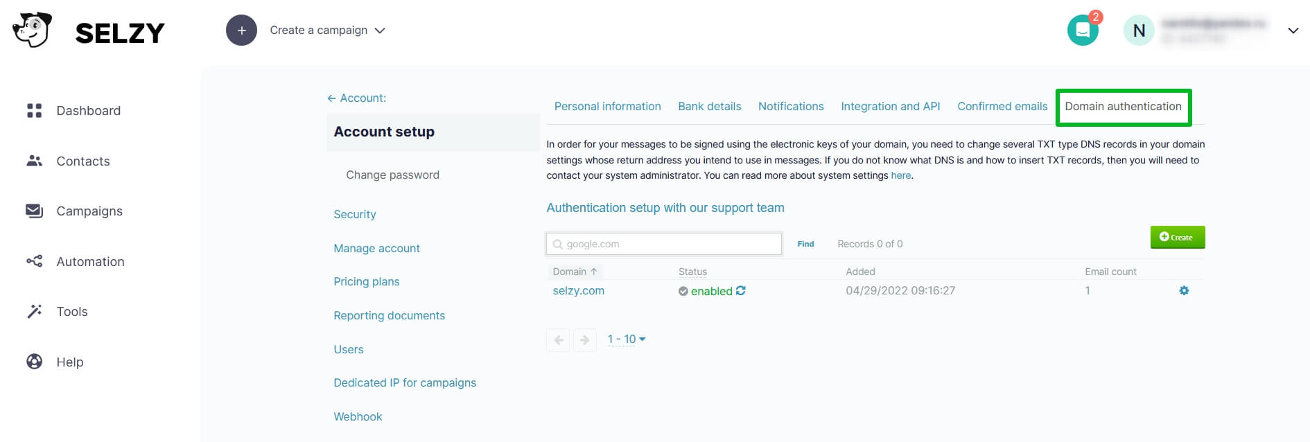  Domain Authentication section.