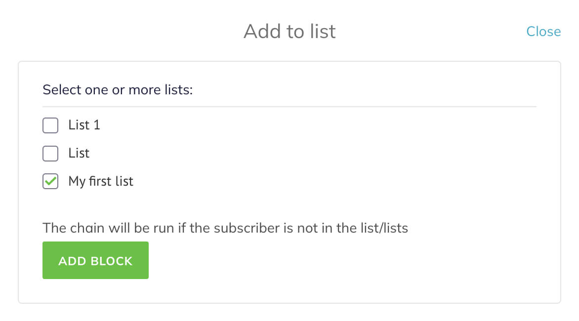 Select one or more lists and click Add block in the add to list window.