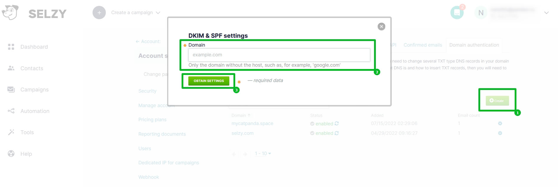 Adding the domain and getting settings for your email authentication.