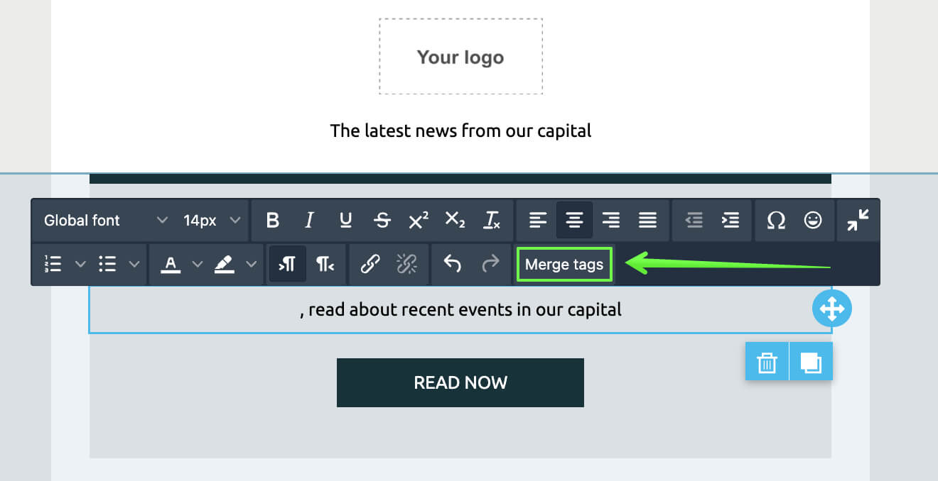 Adding merge tags to an email.
