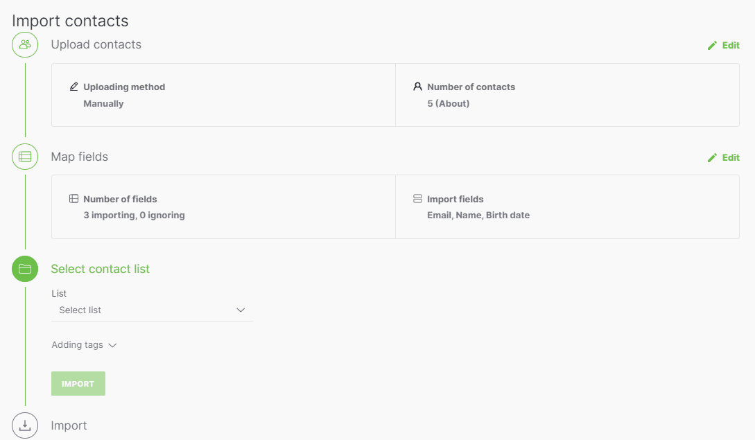Selecting a contact list to import.