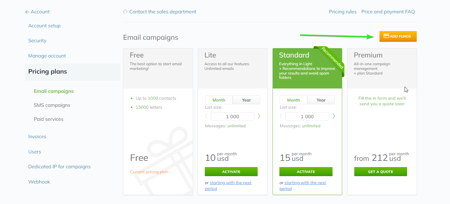 The Add Funds to Your Account button on the Pricing Plans page.