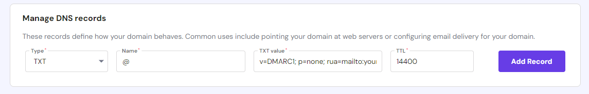 Adding a DMARC record to the domain’s DNS settings in Hostinger