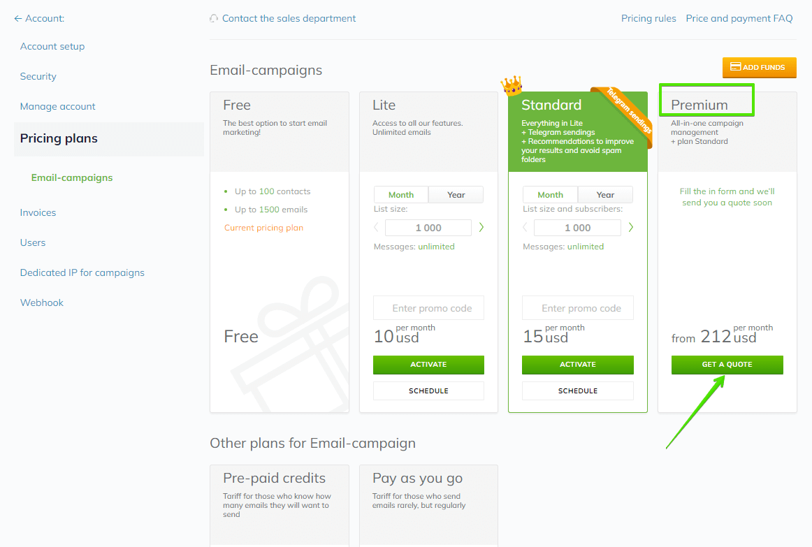 Click on the Get a quote button to request the pricing for the Premium plan.