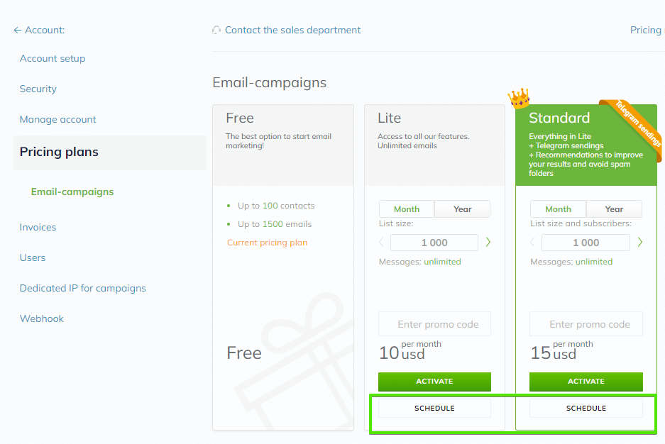 In the Pricing plans section of your Selzy account, click Schedule for the plan to be activated automatically starting from the next billing period.