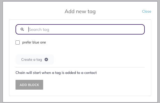 The “Add new tag” pop-up window, where you can search for the tag, check the checkbox to add one or create a new tag.