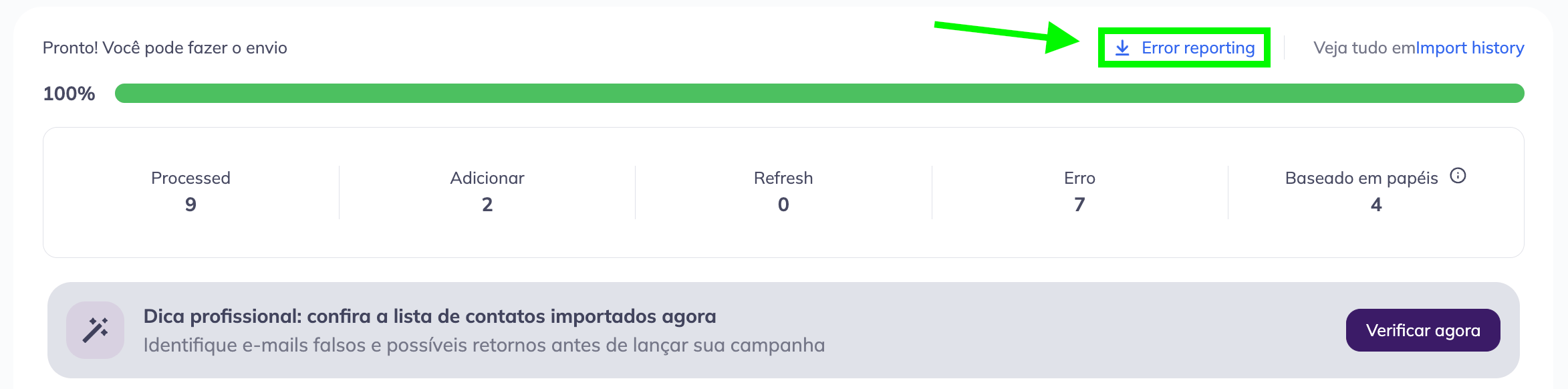 baixando o relatório de erros após importar os contatos.