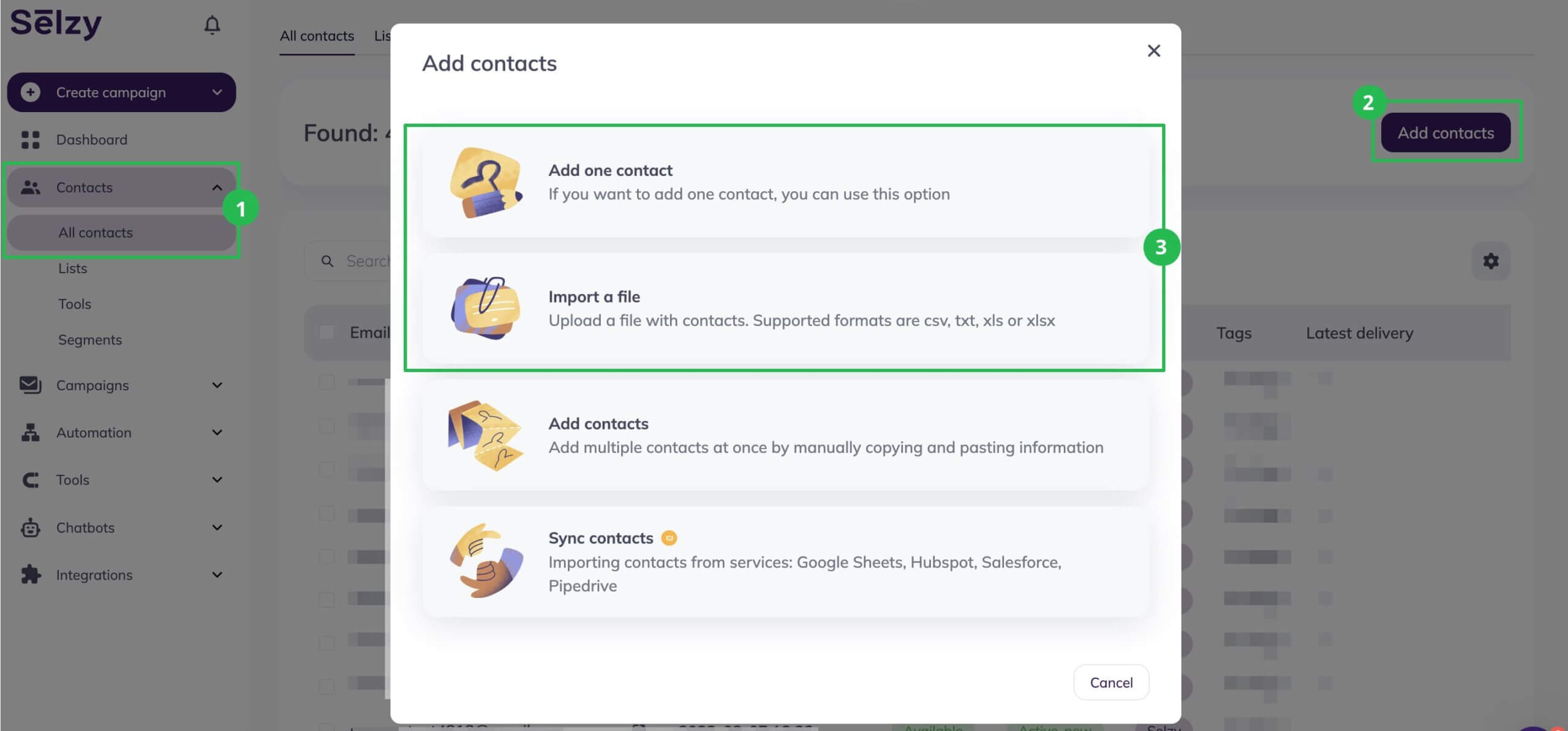 Choosing between importing contacts from the file or adding each new contact manually