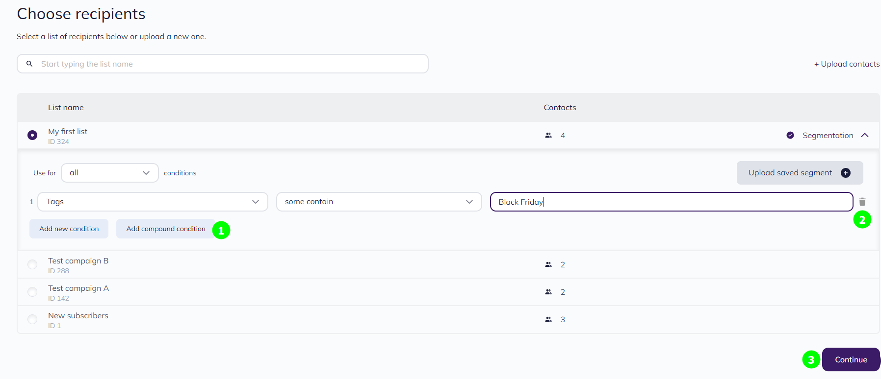 Segmenting contacts while creating a campaign in the new Selzy email builder: segmentation settings in a drop-down window