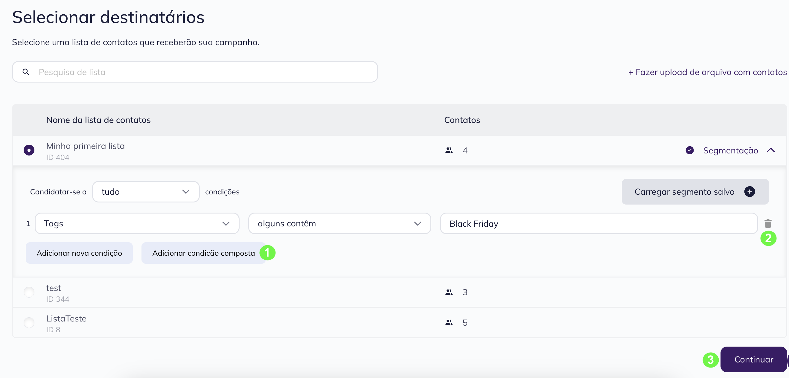 Segmentação de contatos ao criar uma campanha no construtor de e-mails antigo da Selzy. Etap de adicionr destinatários. 