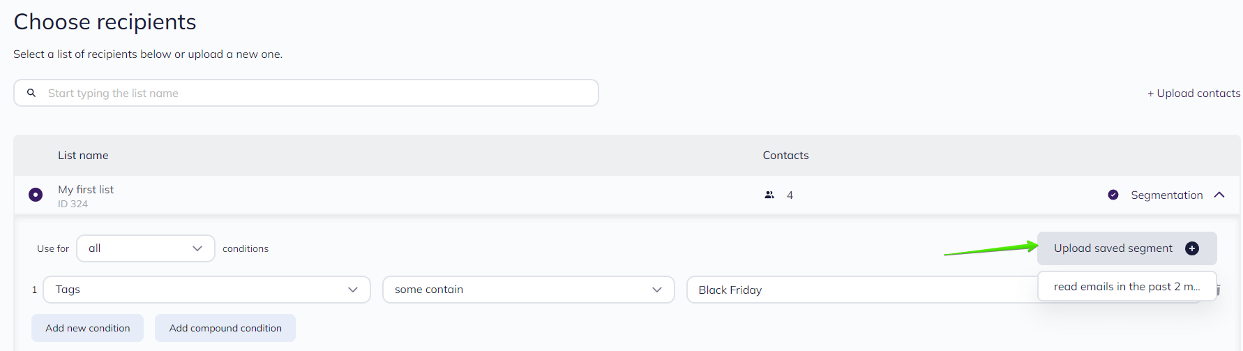 Segmenting contacts while creating a campaign in the old Selzy email builder: one segment is available upon clicking the Upload a segment button 