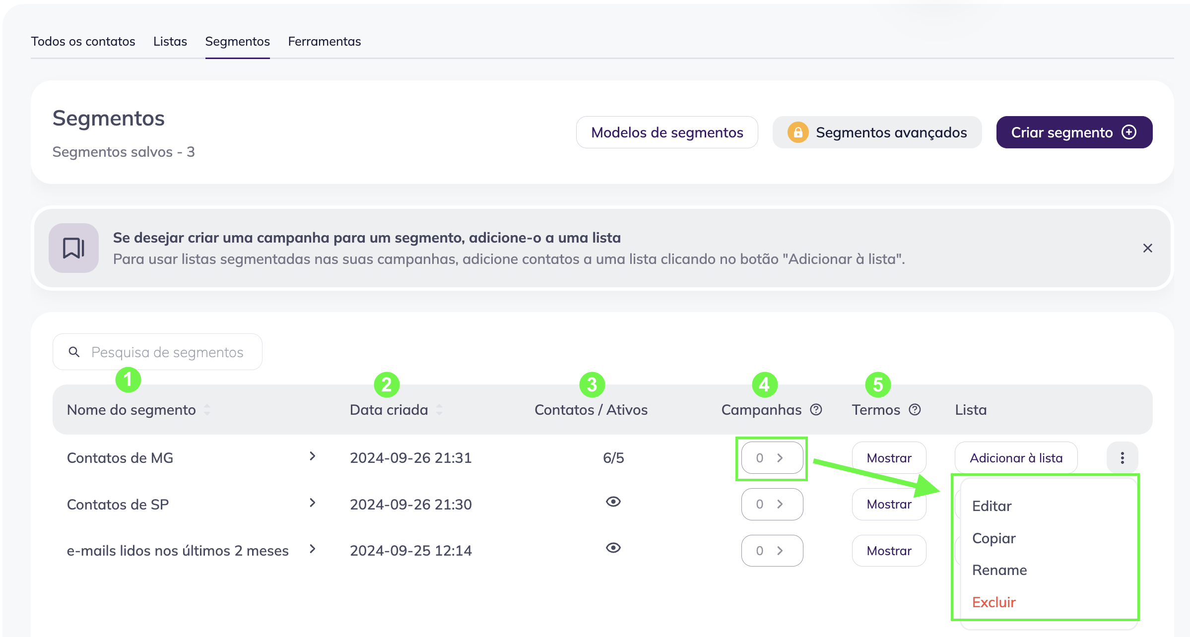 Segmentos na Selzy: informações e ações disponíveis para segmentos salvos