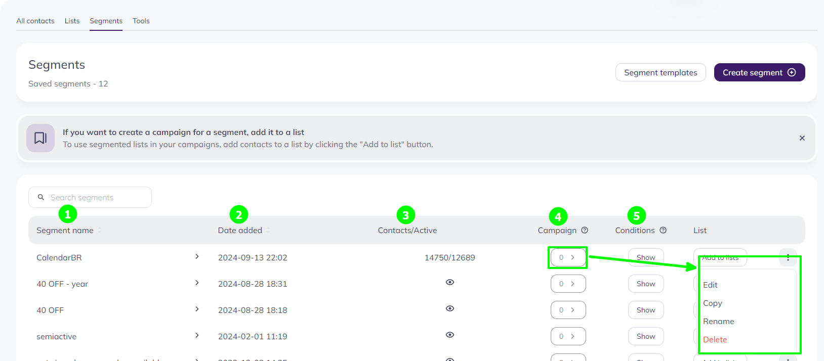 Segments in Selzy: information and actions available for saved segments