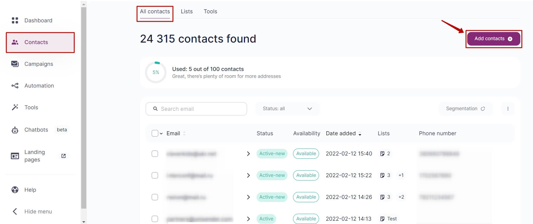 Adding contacts in the Contacts section — All Contacts.