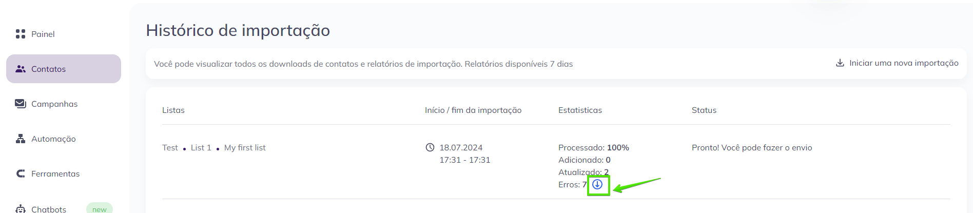 botão de download do relatório de erros de importação