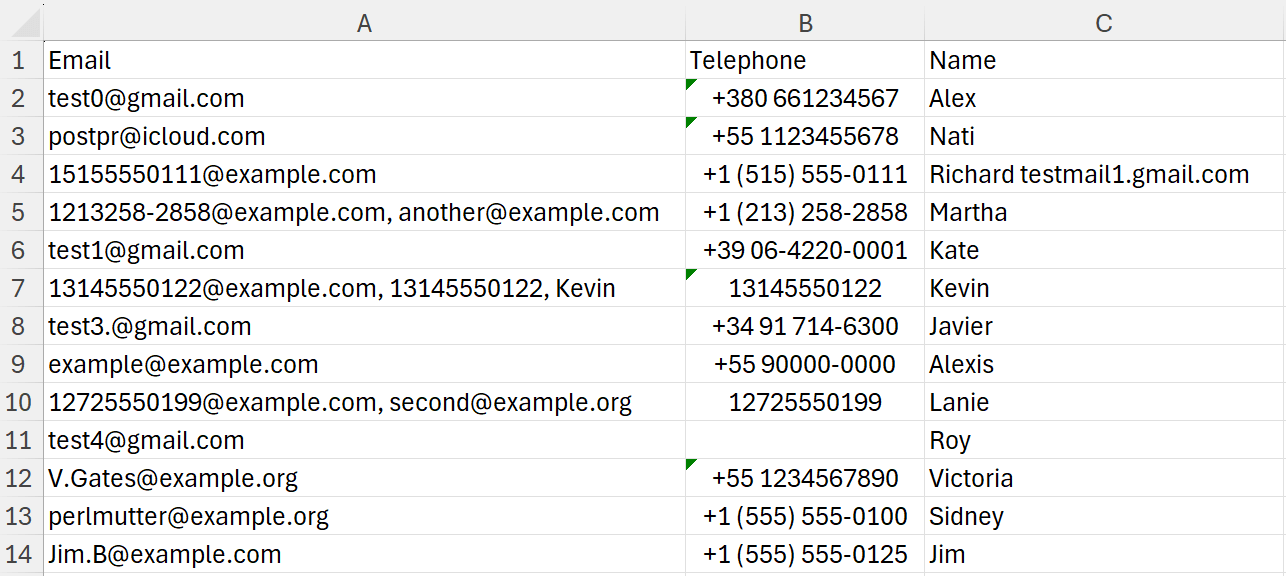 Rows 5, 7, and 10 contain multiple email addresses in one cell. Row 4 has two different email addresses added to the Email and to the Name columns.