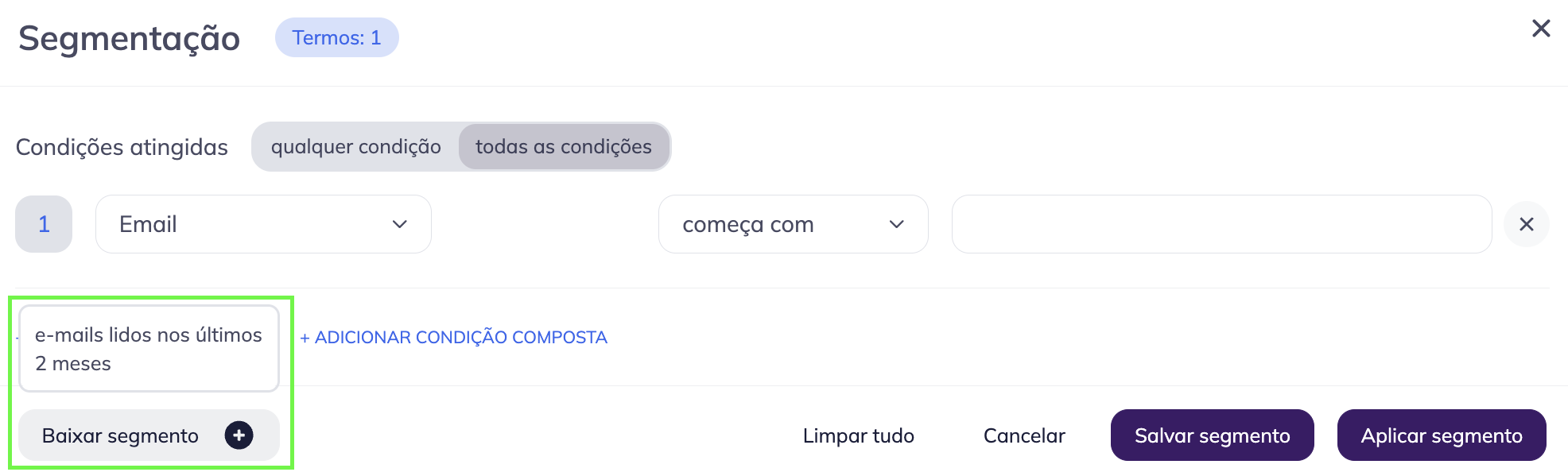 Segmentação de contatos de listas de contatos: um segmento está disponível ao clicar no botão Baixar segmento