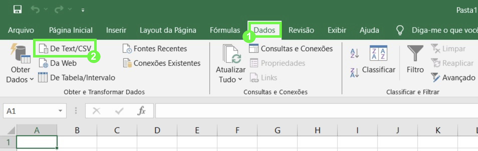 Guia “Dados” do Excel destacando a opção “De Texto/CSV” para importar um arquivo.
