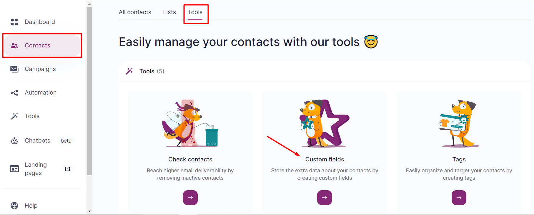 Contacts — Tools — Custom Fields.