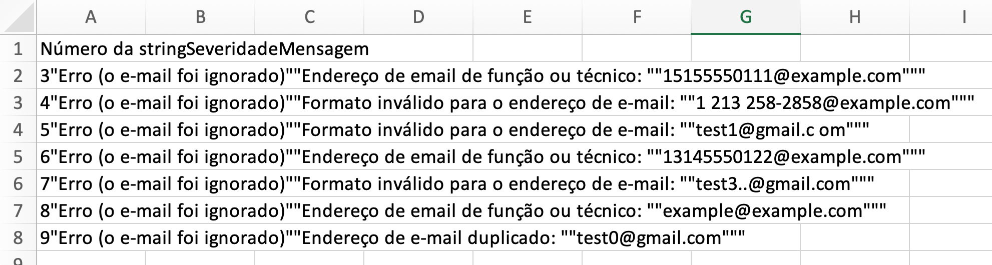 Arquivo de relatório de erros de importação no formato CSV 