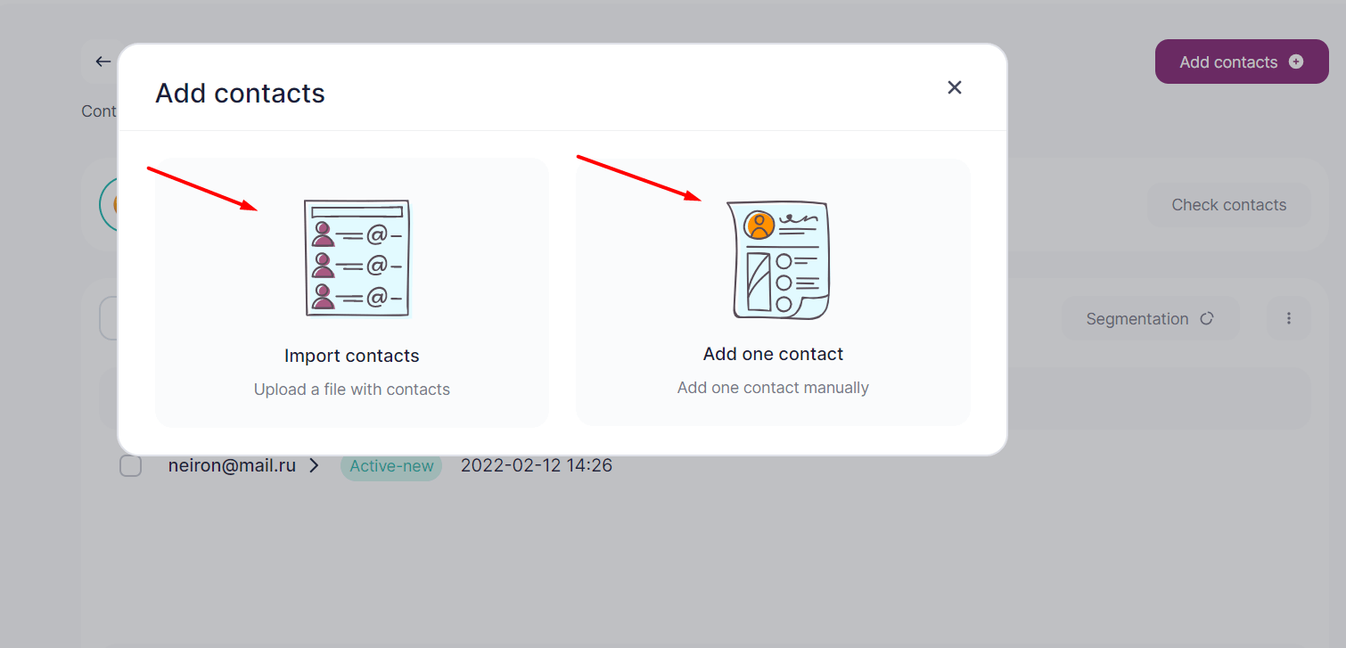 Choosing instrument to add contacts.