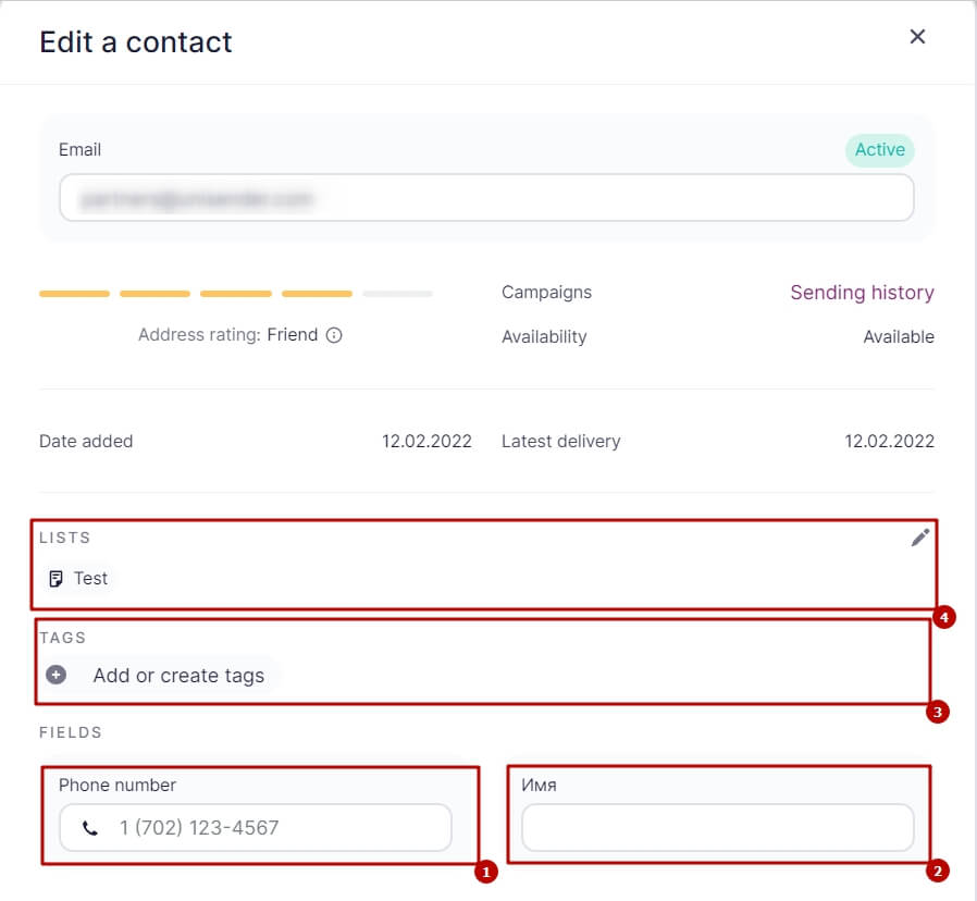 Choose the field to edit (phone number, name, tag, lists)