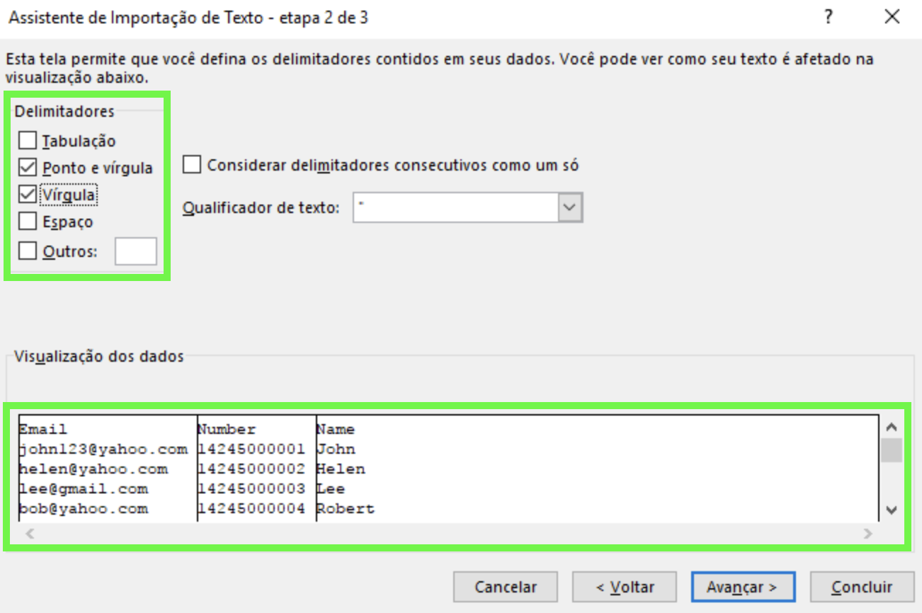 Janela do Excel destacando a seleção do delimitador correto para o arquivo importado.
