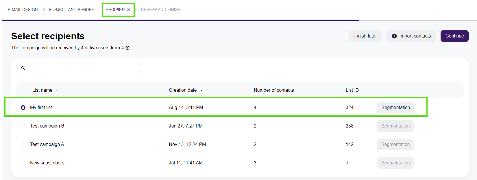 Segmenting contacts while creating a campaign in the new Selzy email builder. The Recipients step of the campaign creation flow. 