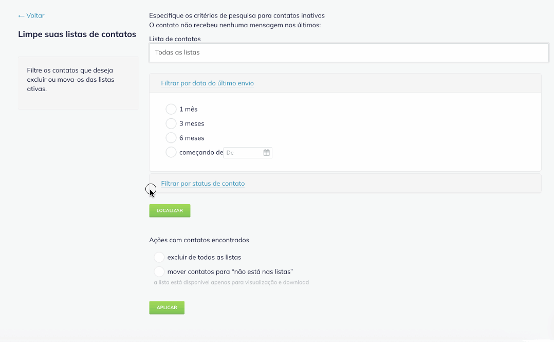 Gif mostrando o processo de limpeza de lista de contatos da Selzy sendo filtrada por status de contato