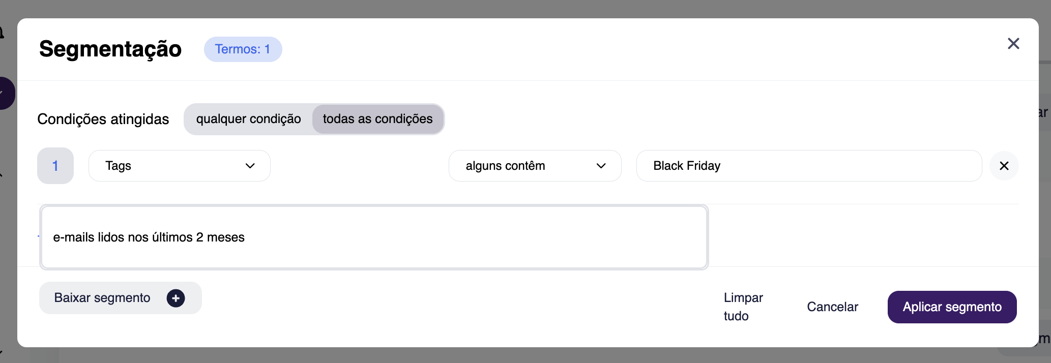 Segmentação de contatos ao criar uma campanha no novo construtor de e-mails da Selzy: um segmento está disponível ao clicar no botão Baixar um segmento 