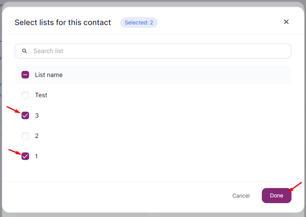 Ticking the lists to add the new contact to.