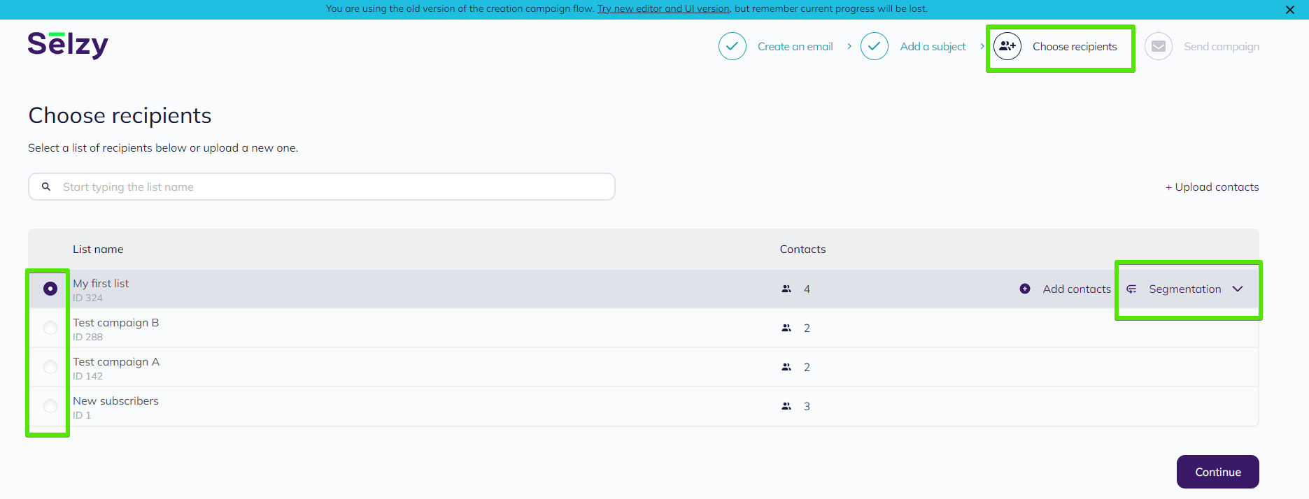 Segmenting contacts while creating a campaign in the old Selzy email builder. The Choose recipients step of the campaign creation flow.