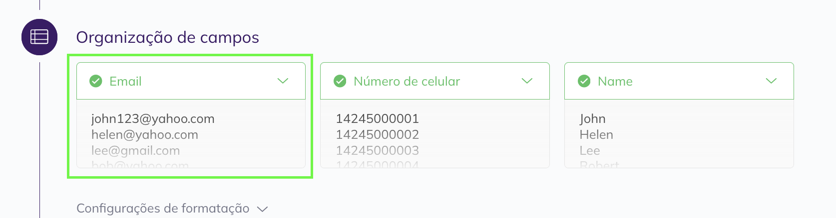 Texto exibido corretamente na Selzy após a importação do arquivo com codificação UTF-8.
