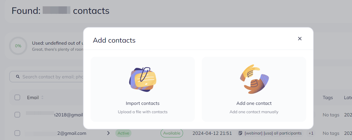 Choosing between importing contacts from the file or adding each new contact manually