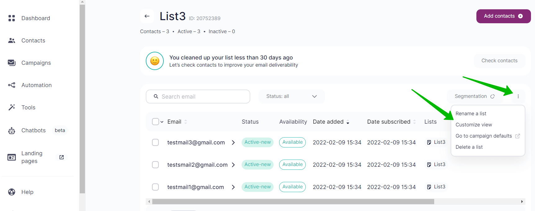 Customizing the view of columns in the list.