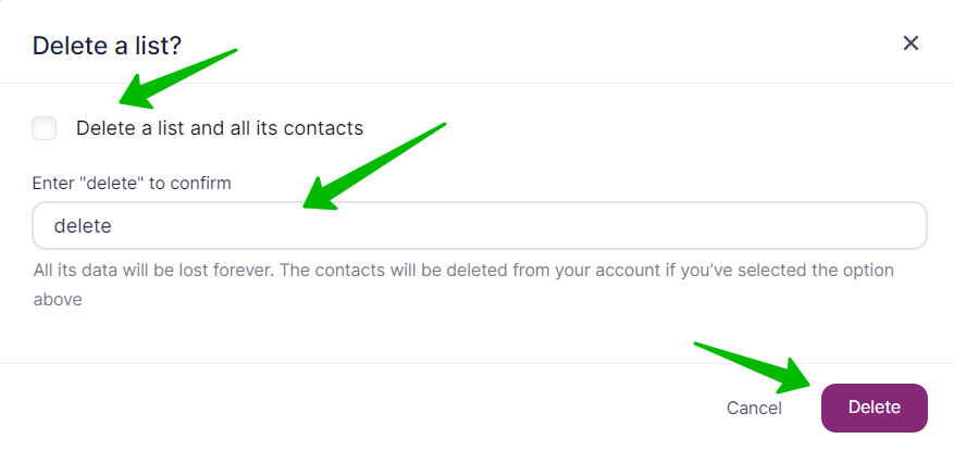 Deleting a list of contacts together with contacts.