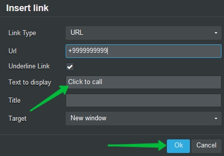 Inserting a link to the phone number in the text