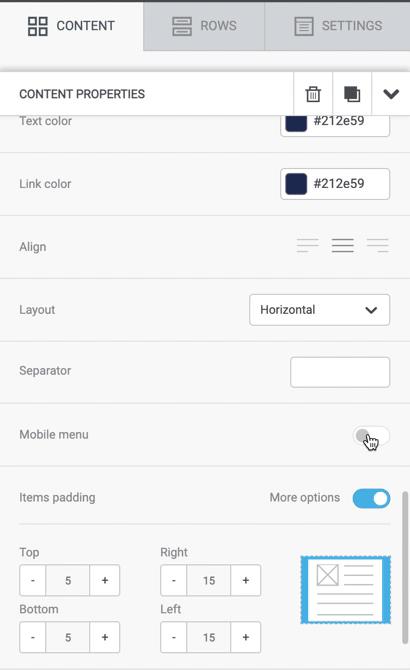 Click on the Collapsible Menu and change its settings