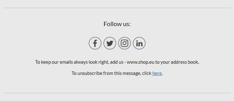 The message in the email footer reads: “To keep our emails always look right, add us - www.shop.eu to your address book.”