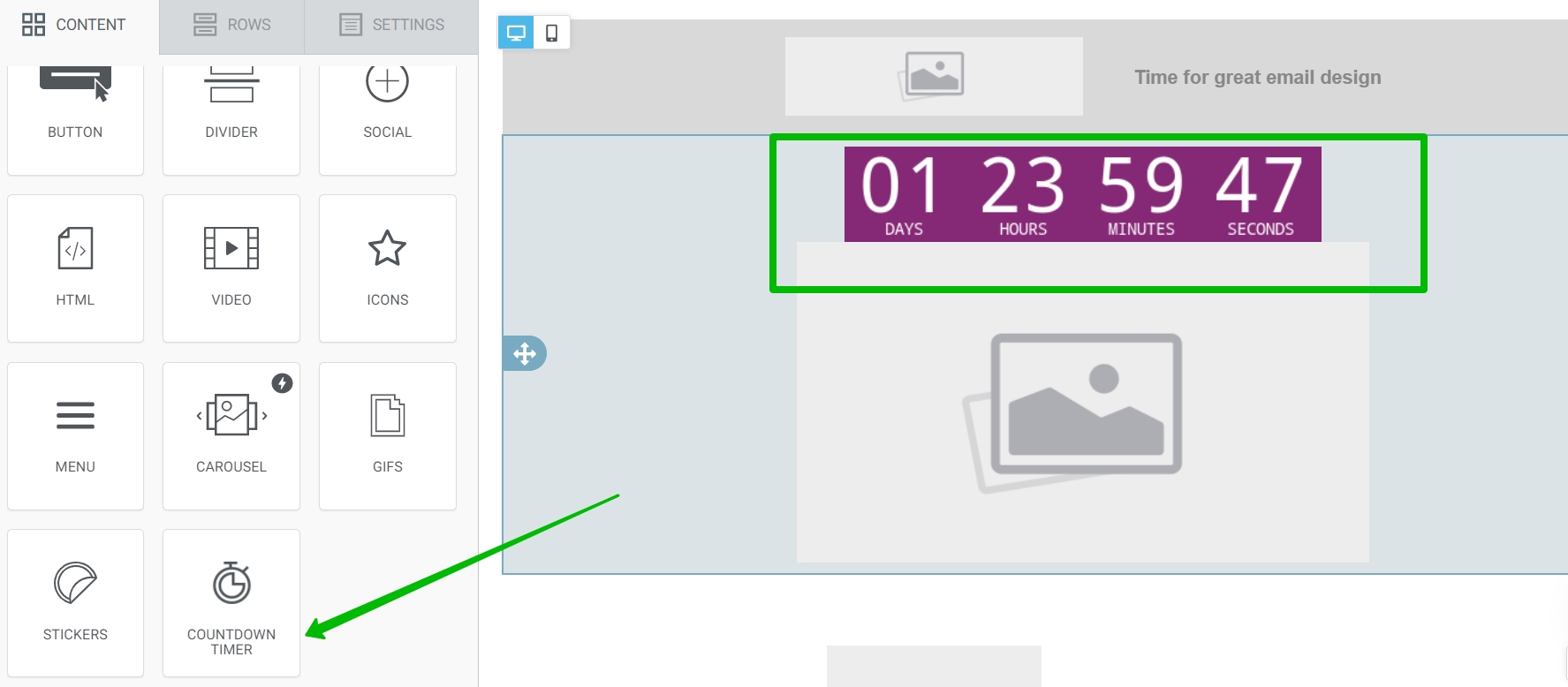 Selzy email builder blocks include a countdown timer.