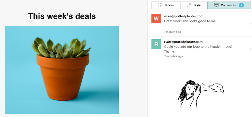 Mailchimp email builder comments feature.